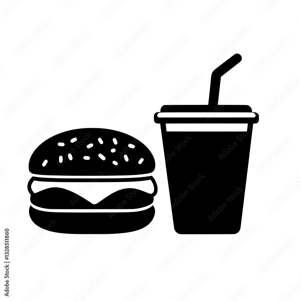 Classic black and white fast food meal icon featuring a hamburger with a soda cup, representing quick and casual dining. Classic black and white fast food meal icon featuring a hamburger with a soda cup, representing quick and casual dining.