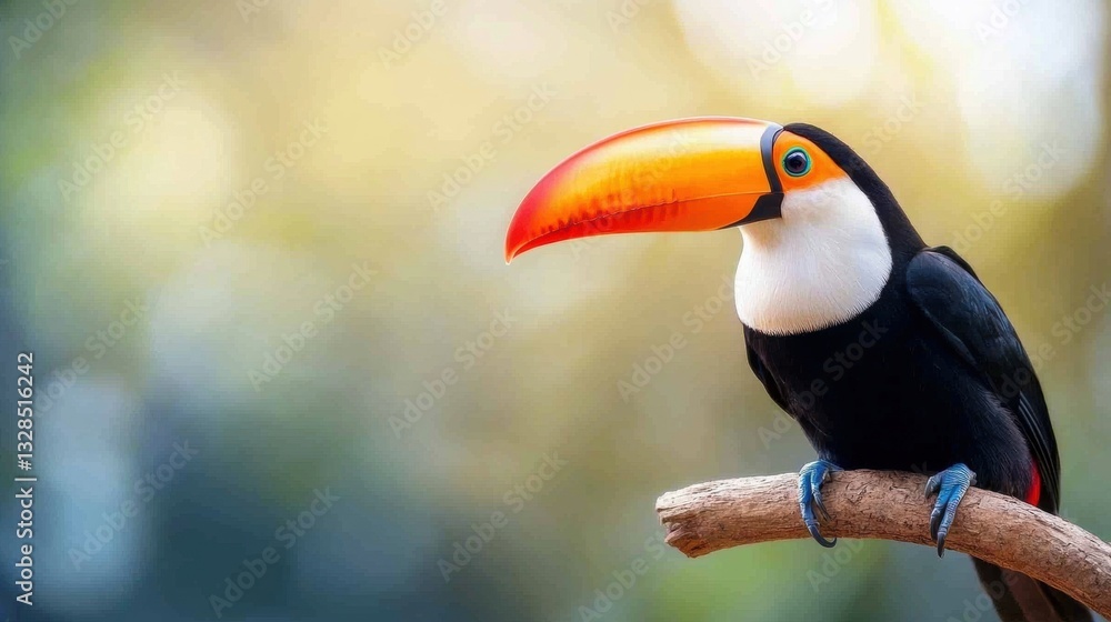 Fototapeta premium Tropical and Exotic Close up of a toucan with its brightly colored beak and feathers, perched on a branch in a rainforest.