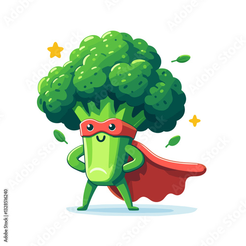 Superhero broccoli character in green cape. Vector illustration for healthy eating campaigns, children's nutrition education, or vegetable-themed merchandise.