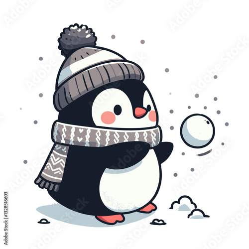 Penguin in gray winter hat and scarf throwing snowball. Vector illustration for winter activities, holiday seasons, or arctic animal themed children's content.