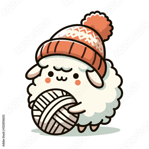 Cute sheep with orange knit hat and ball of yarn. Vector illustration for knitting clubs, wool product branding, or cozy winter craft activities.