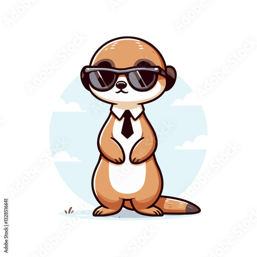 Cool meerkat in sunglasses and tie standing confidently. Vector illustration for business mascots, confidence coaching, or professional animal characters.