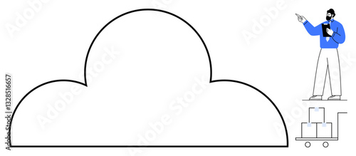 Large cloud shape with businessman holding clipboard pointing, next to a cart loaded with boxes. Ideal for data storage, logistics, planning, teamwork, digital solutions, cloud computing, flat simple
