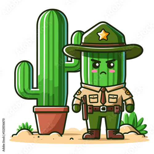 Cactus ranger in uniform and hat standing in desert. Vector illustration for park service education, desert conservation, or southwestern themed content.