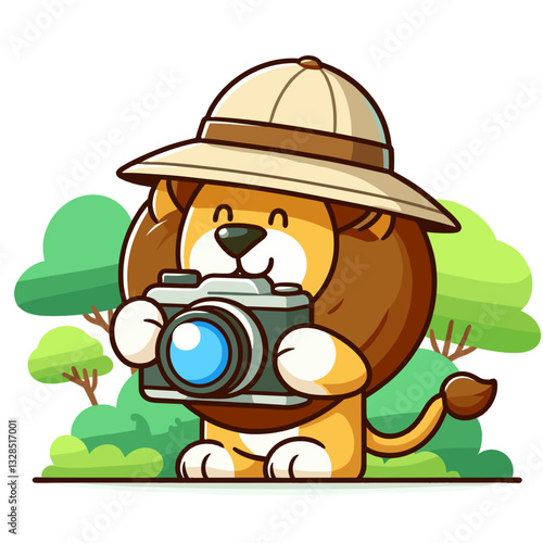 Lion photographer with camera in safari hat and natural background. Vector illustration for wildlife photography, nature exploration, or adventure tourism.