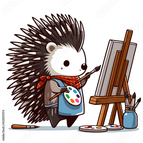 Hedgehog artist painting at easel with palette and apron. Vector illustration for creative hobbies, wildlife art, or educational art programs for children.