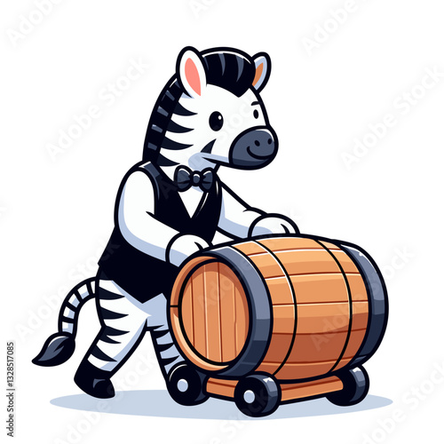 Zebra sommelier rolling wooden wine barrel. Vector illustration for beverage industry, exotic wine experiences, or formal drink service concepts.