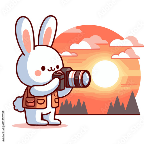 Bunny photographer capturing sunset with professional camera. Vector illustration for nature photography, wilderness exploration, or creative outdoor hobbies.