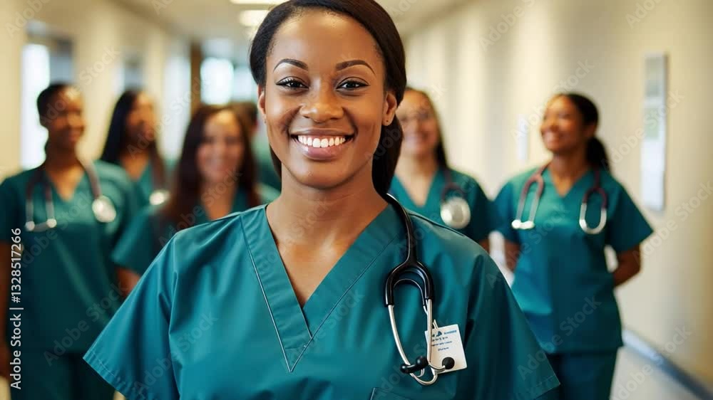 Empathetic smiles: A close-up shot highlights a team of female nurses, radiating care and proficiency. The photo captures their warmth and professionalism in the hospital's corridor Empathetic smiles: A close-up shot highlights a team of female nurses, radiating care and proficiency. The photo captures their warmth and professionalism in the hospital's corridor