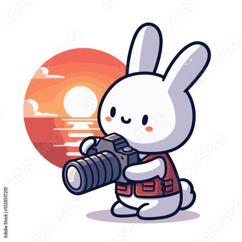 White rabbit photographer with camera against orange sunset. Vector illustration for wildlife documentation, nature exploration, or creative outdoor photography.