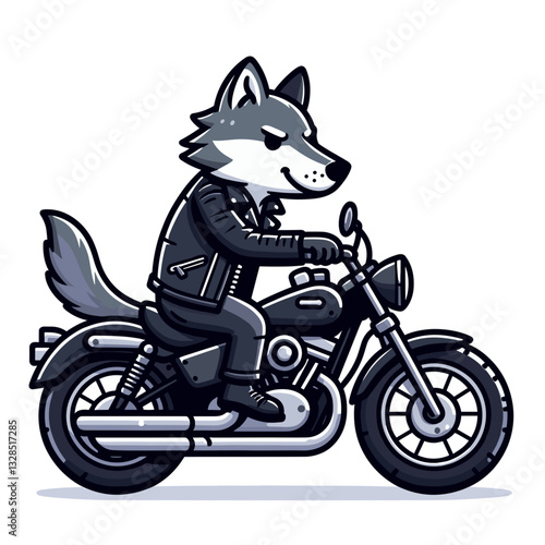 Wolf biker in black leather jacket riding motorcycle. Vector illustration for rebel culture, motorcycle clubs, or cool animal character designs.