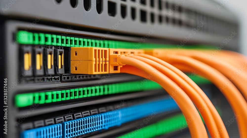 Naklejka premium A close-up of network cables connected to a server, showcasing vibrant orange and green colors, highlighting technology and data connectivity.