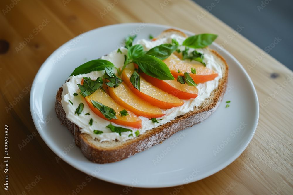 Summer toast with cream cheese, peach slices and fresh basil Summer toast with cream cheese, peach slices and fresh basil