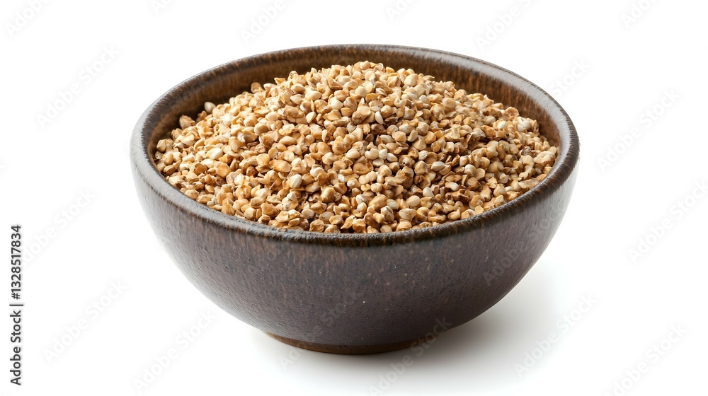 Bowl of buckwheat flakes isolated on white Bowl of buckwheat flakes isolated on white