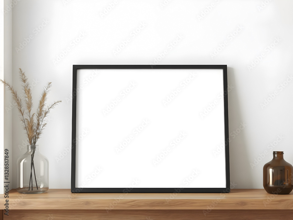 Blank picture frame mockup on shelf. Template for artwork, painting, photo or poster Blank picture frame mockup on shelf. Template for artwork, painting, photo or poster