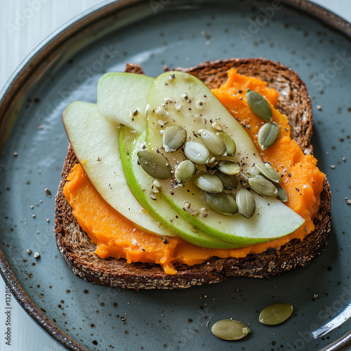 Rye toast with sweet potato puree, apple slices, and pumpkin seeds