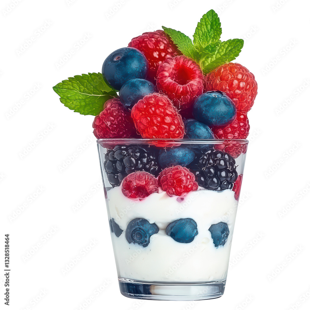 Healthy Yogurt Parfait with Mixed Berries Layered in a Clear Glass Cup, isolated on transparent background. Healthy Yogurt Parfait with Mixed Berries Layered in a Clear Glass Cup, isolated on transparent background.