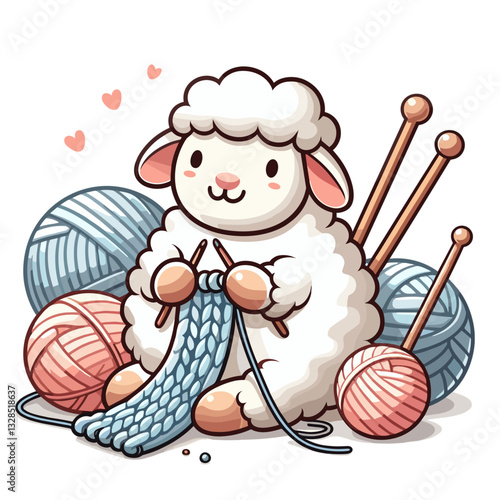Fluffy sheep knitting with colorful yarn balls and needles. Vector illustration for textile crafts, wool industry, or cozy handmade hobbies.