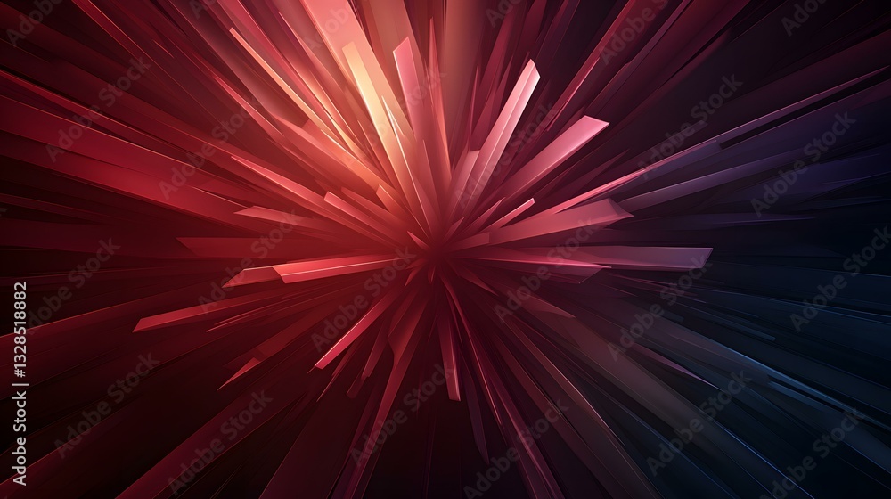 Obraz premium The image contains an abstract representation of radiating, three-dimensional, crimson and dark-blue shards, creating a dynamic, explosive effect.