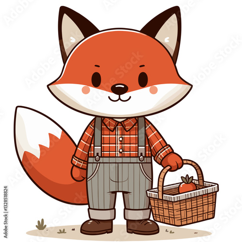 Fox forager in checkered shirt and suspenders with wicker basket. Vector illustration for woodland harvesting, forest food gathering, or rustic wildlife themes.