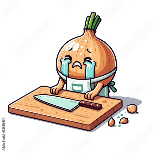 Crying onion chopping itself on wooden cutting board. Vector illustration for cooking humor, kitchen irony, or food preparation emotional concepts.