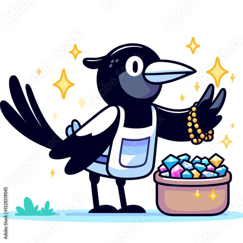 Crow jeweler with apron sorting gemstones in basket. Vector illustration for treasure collecting, shiny object fascination, or bird craftsmanship concepts.