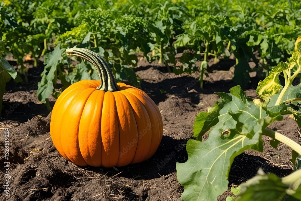 Obraz premium A fresh, vibrant pumpkin growing in fertile soil under natural sunlight. 