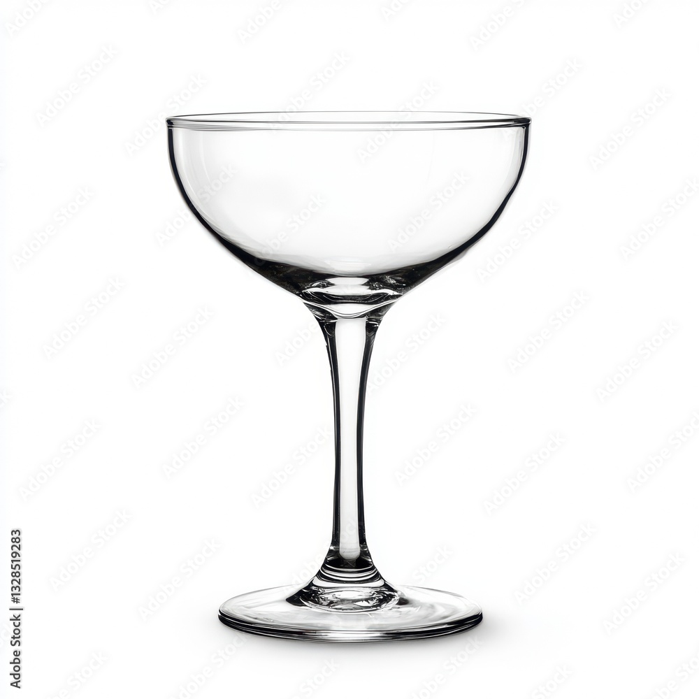 Close-up of coupe glass isolated on white, elegant stemware, transparent design, cocktail glass, glassware, barware, drink concept. Close-up of coupe glass isolated on white, elegant stemware, transparent design, cocktail glass, glassware, barware, drink concept.