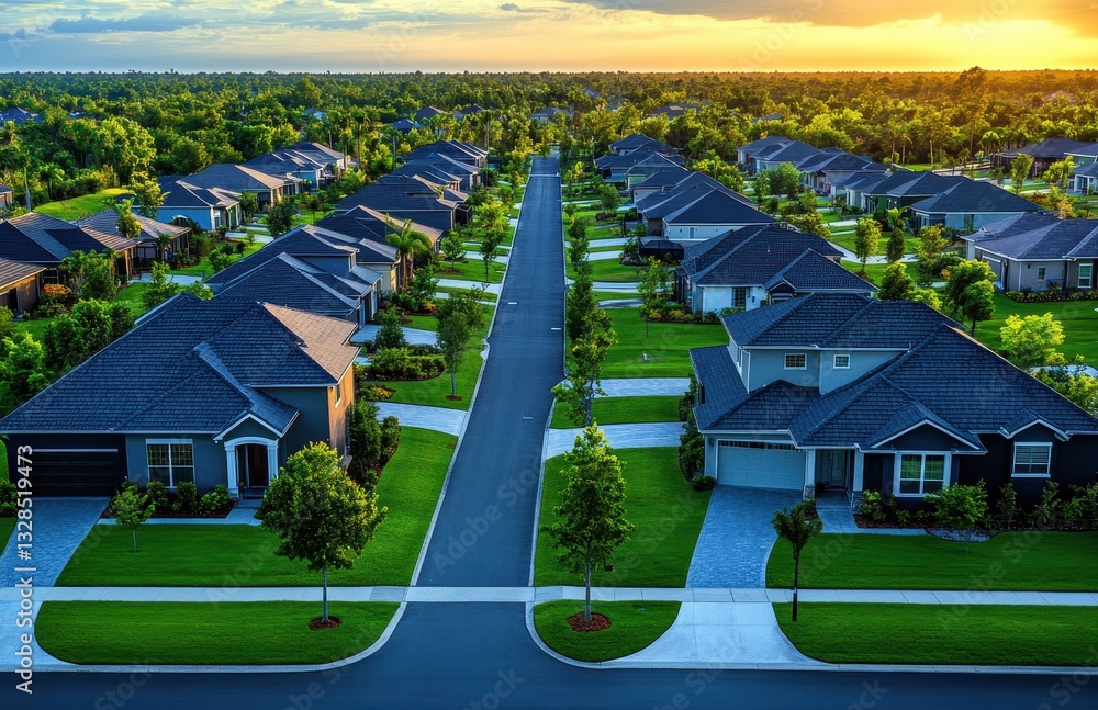 Obraz premium Aerial View of a Quiet Suburban Neighborhood with Well-Maintained Homes and Lush Green Lawns Under a Golden Sunset Sky