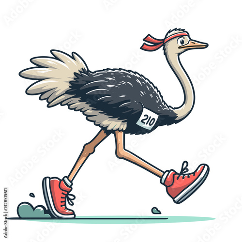 Ostrich runner in red sneakers jogging on green path. Vector illustration for bird fitness, flightless athletics, or unusual marathon participant concepts.