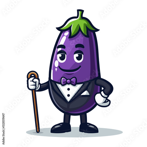 Sophisticated eggplant gentleman with bow tie and walking cane. Vector illustration for elegant vegetable characters, formal produce concepts, or classy food mascots.