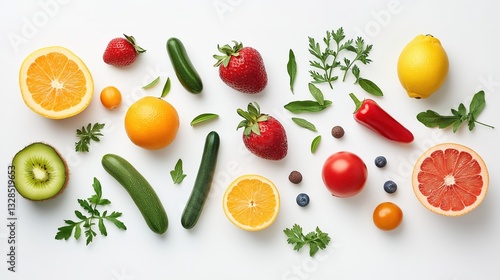 Vibrant still life of fresh fruits and vegetables, celebrating natural abundance and healthy living