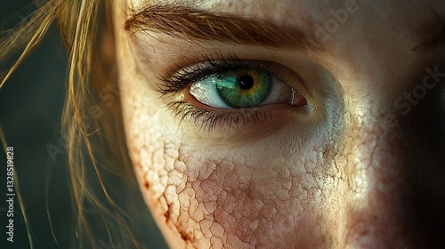 A close-up of a woman's face with cracked skin, capturing beauty and vulnerability in dramatic lighting.