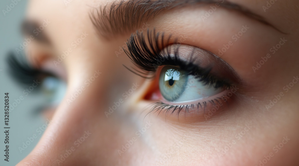 Fototapeta premium Bold, elongated false eyelashes enhance this female eye, with flawless eyelash extensions adding to the glam makeup style.