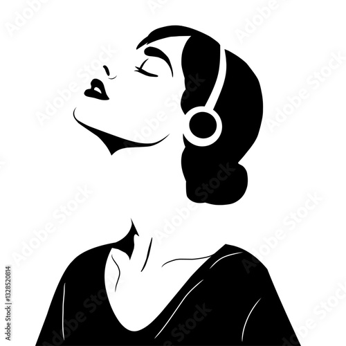 Black and white silhouette of a woman with headphones, tilting her head back with a relaxed expression. Represents concepts of music, relaxation, and enjoyment