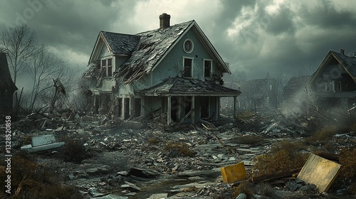 A damaged house in ruins surrounded by debris, showcasing the aftermath of a natural disaster or destruction.