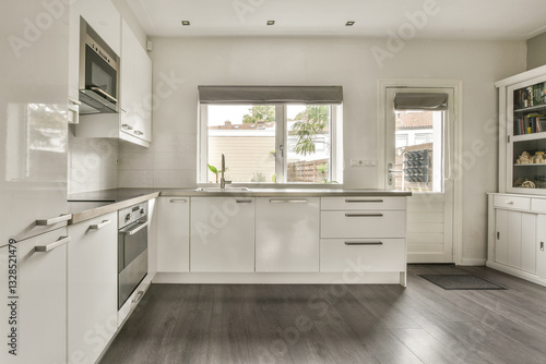 Wallpaper Mural Sleek and contemporary kitchen design featuring white cabinets, stainless steel appliances, and a bright window with a view of greenery outside. Torontodigital.ca