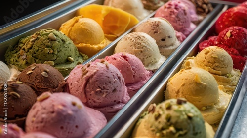 A close-up of a gelato display case filled with colorful scoops of various flavors: chocolate, vanilla, pistachio, strawberry, mango, and cookies & cream. Each scoop is topped with delicious toppings 