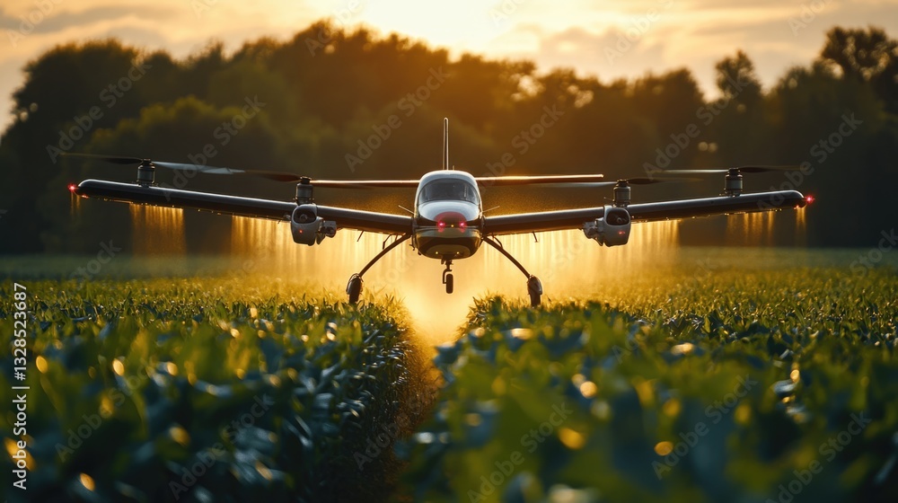 smart farm technology concept picture of spraying agriculture drone flying over corn or maize field