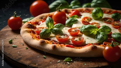 A delicious Italian-style pizza with melted mozzarella cheese stretching as a slice is pulled away. The pizza is topped with fresh basil, cherry tomatoes, and a crispy golden crust. The wooden serving