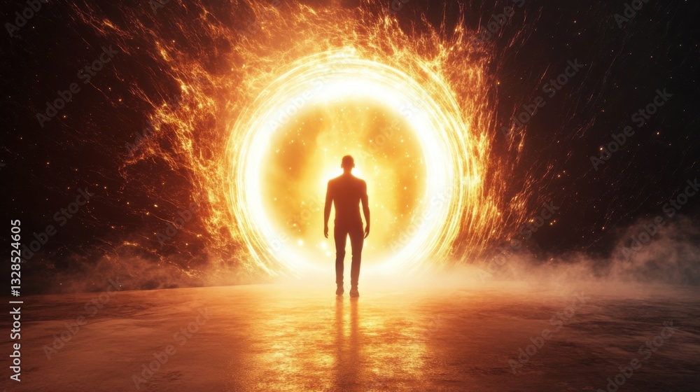 A person stepping into a glowing portal, transitioning between realities, conceptual sci-fi art