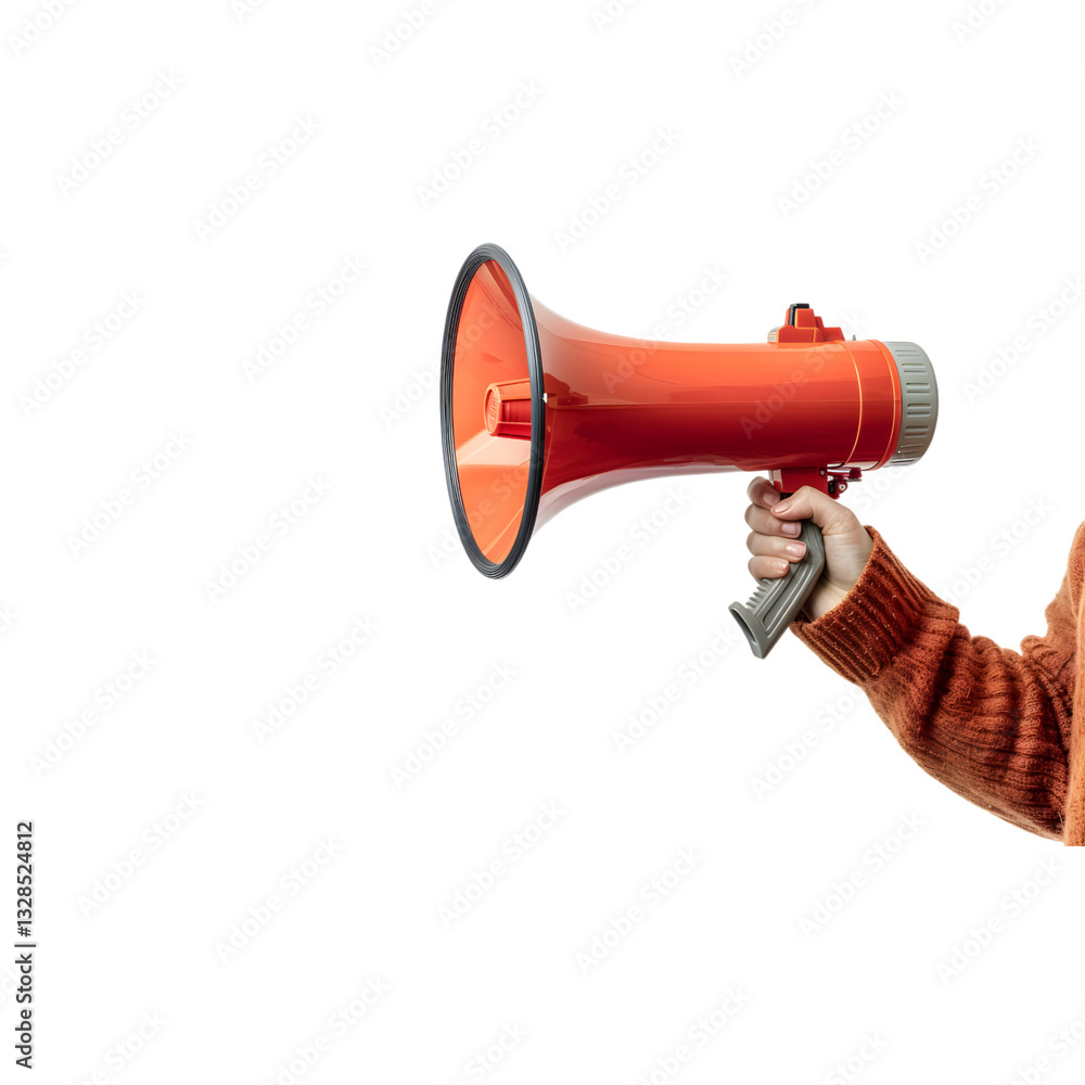 A hand holds up an orange megaphone on a transparent background, cut out, PNG 3D Digital Art. A hand holds up an orange megaphone on a transparent background, cut out, PNG 3D Digital Art.