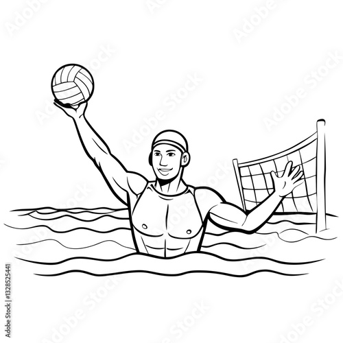 Water polo player in the water preparing to throw the ball towards the goal on white background