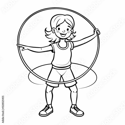 Child happily playing with hula hoop on white background