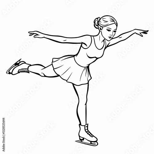 Figure skater gracefully performing a spin on ice in elegant dress on white background