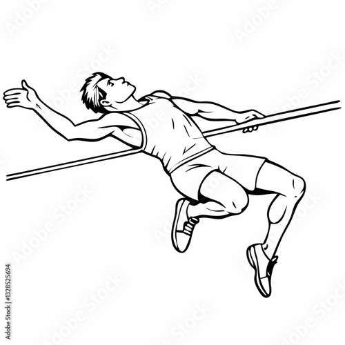High jumper in mid-air clearing bar with focused expression on white background