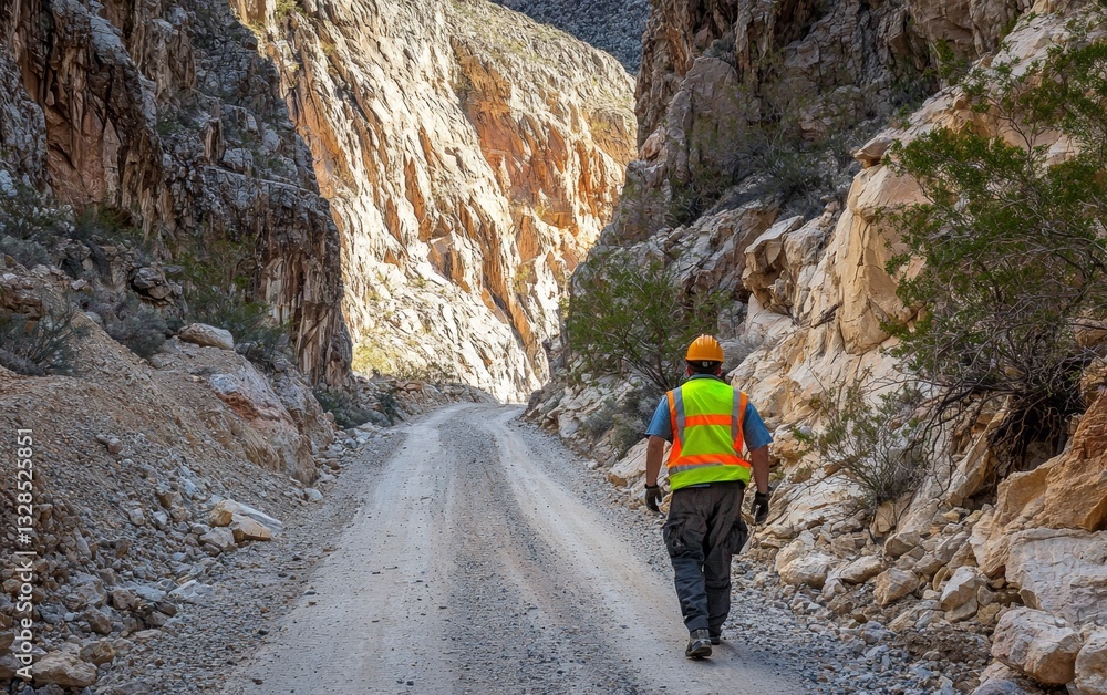 Fototapeta premium Construction worker walking along rocky road in mountainous terrain during daytime