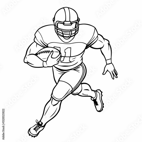 American football player sprinting with ball in hand on white background