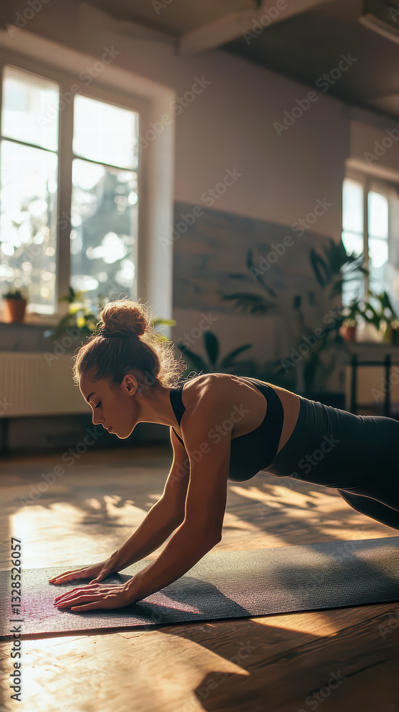 Mindful Workout in Sunlight: Capturing a woman in a yoga pose, her focus and fitness illuminated by natural light streaming through a window, this image evokes a sense of calm and healthy lifestyle. Mindful Workout in Sunlight: Capturing a woman in a yoga pose, her focus and fitness illuminated by natural light streaming through a window, this image evokes a sense of calm and healthy lifestyle.