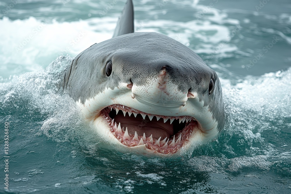 Fototapeta premium Great white shark breaching the surface in vibrant blue ocean waters during the day